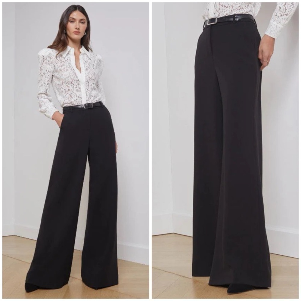 New L’Agence Pilar Wide Leg Pant Trouser Black Office Business Sz 16